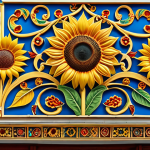 **

Ukrainian building facade, sunflower motifs, vibrant colors (gold, blue, red), intricate patterns. Focus on the decorative elements. Symbolism of abundance, hope, and national pride.

**