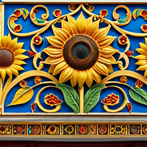 **

Ukrainian building facade, sunflower motifs, vibrant colors (gold, blue, red), intricate patterns. Focus on the decorative elements. Symbolism of abundance, hope, and national pride.

**
