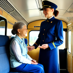A professional Ukrainian train conductor in a modest, dark blue uniform stands inside a modern, well-maintained train carriage. She is gently assisting a family: an elderly woman in modest clothing and a young child in appropriate attire, who are seated comfortably. Sunlight streams through the large window, highlighting the clean, safe interior of the train as it moves. The scene emphasizes care, human connection, and the continuity of essential services. Perfect anatomy, correct proportions, natural pose, well-formed hands, proper finger count, natural body proportions. Fully clothed, modest clothing, appropriate attire, professional dress, safe for work, appropriate content, family-friendly.